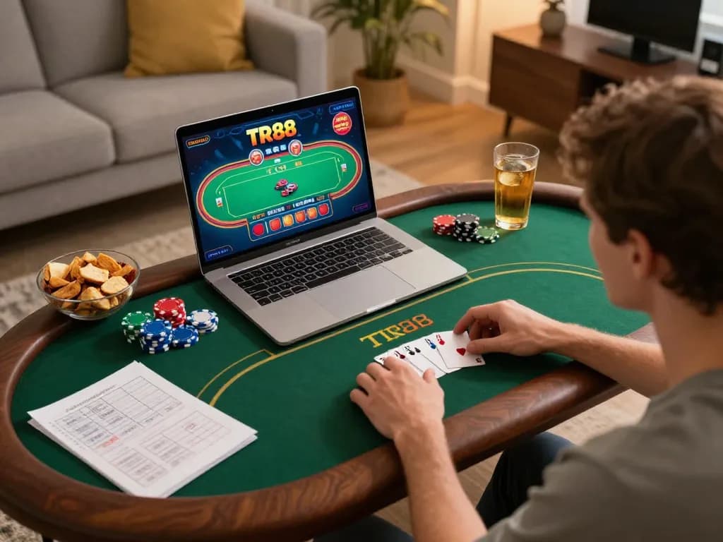 Player strategically engaging with TR88 live dealer game on laptop in a cozy home setup