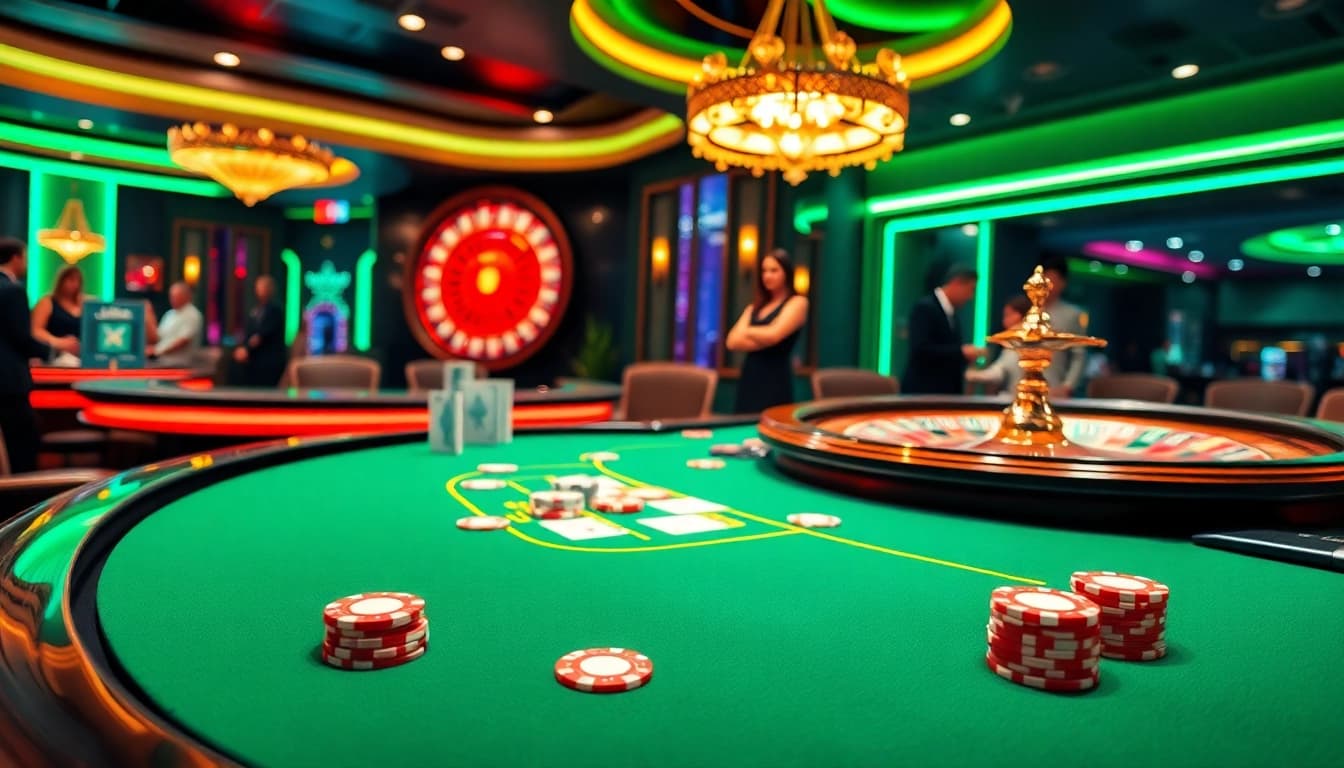 Experience thrilling poker action at lc88, featuring vibrant gaming tables and luxurious decor.