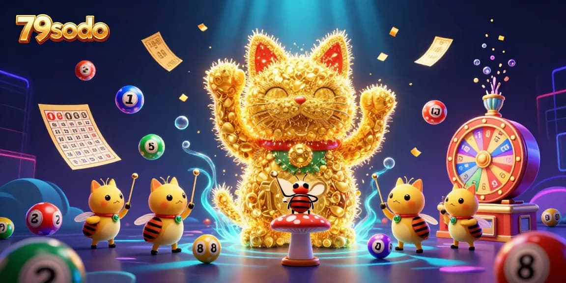 Engage with the thrilling atmosphere of 79sodo's vibrant casino world featuring dynamic game elements and a lucky cat.