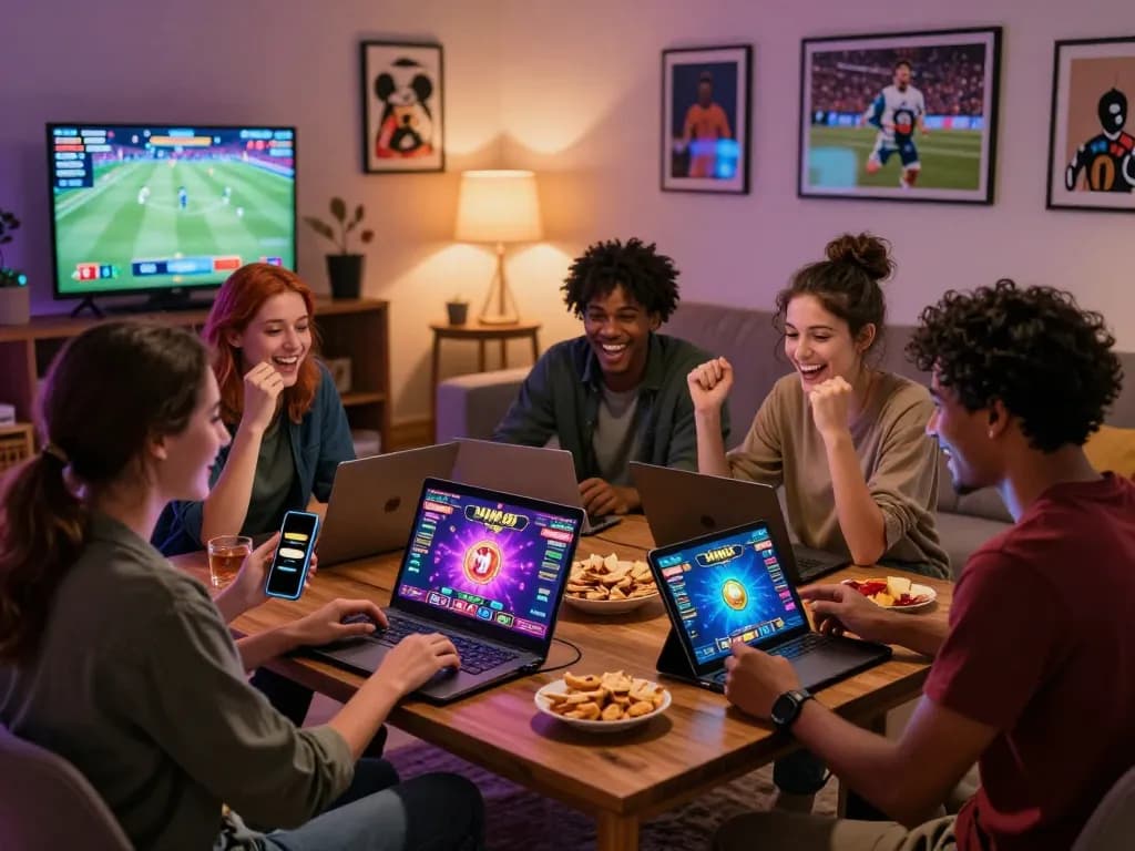 Diverse friends enjoying an online gaming session with MM 88 on various devices, emphasizing a fun and exciting gambling atmosphere.