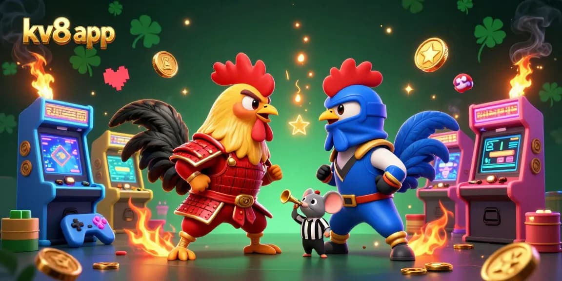 Engage with the exciting kv8 app while viewing a dynamic duel between cartoon roosters in an arcade casino.