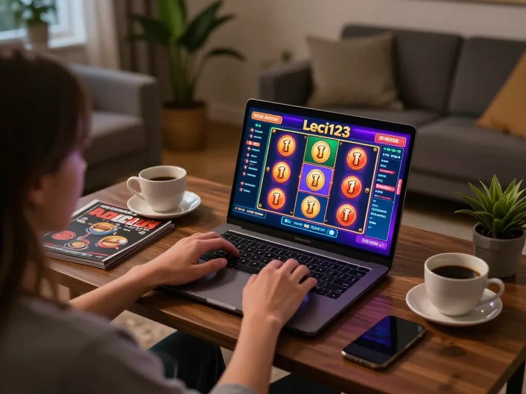 Leci123 online gaming experience on a laptop with vibrant graphics in a cozy home setting.