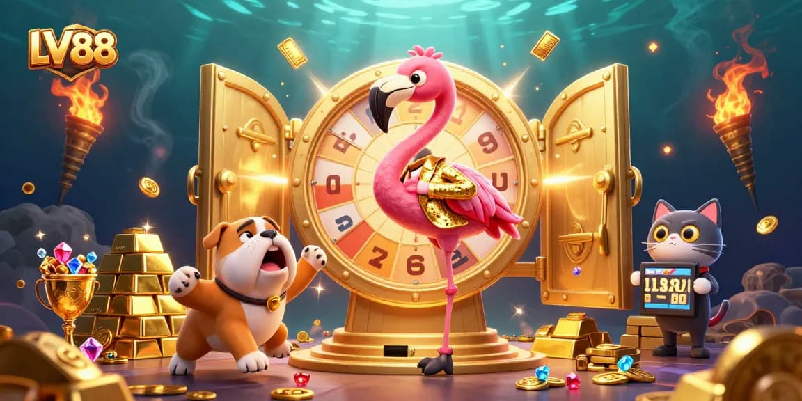 Spin to win at LV88 with golden prizes and exciting games in this vibrant casino illustration.