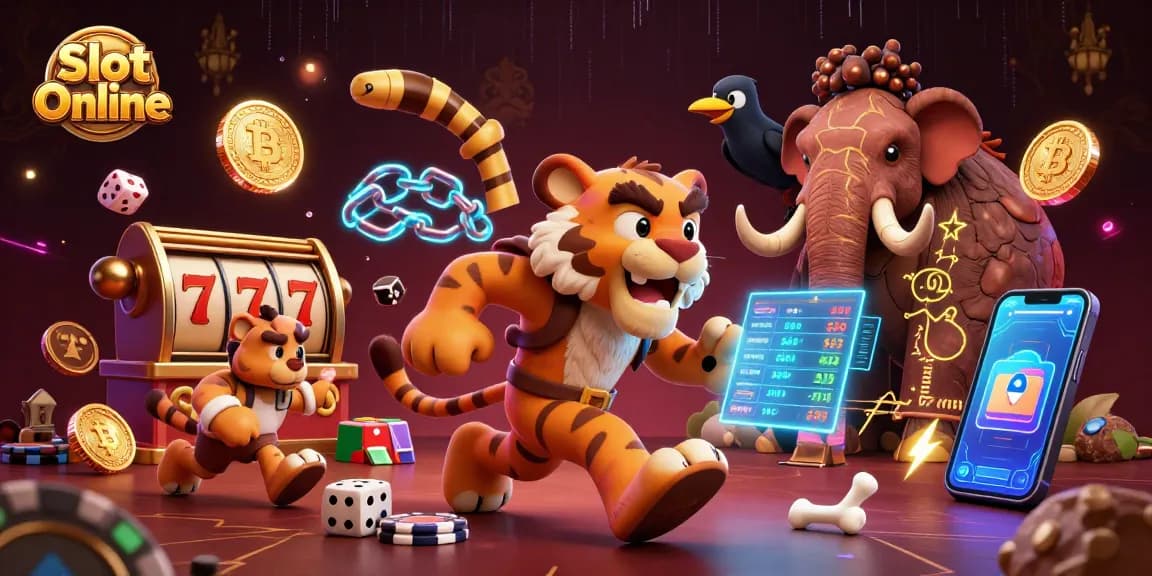 Experience thrilling Slot Online action with a dynamic casino scene featuring cartoon characters, slot reels, and crypto elements.