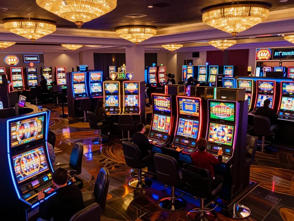 Players enjoying vibrant slot games at a bustling casino, showcasing the excitement of legge.