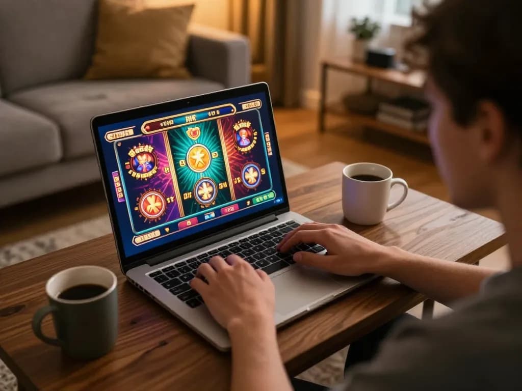 Player engaging in thrilling online slot games at home on a tr88s laptop, cozy environment highlighting excitement.