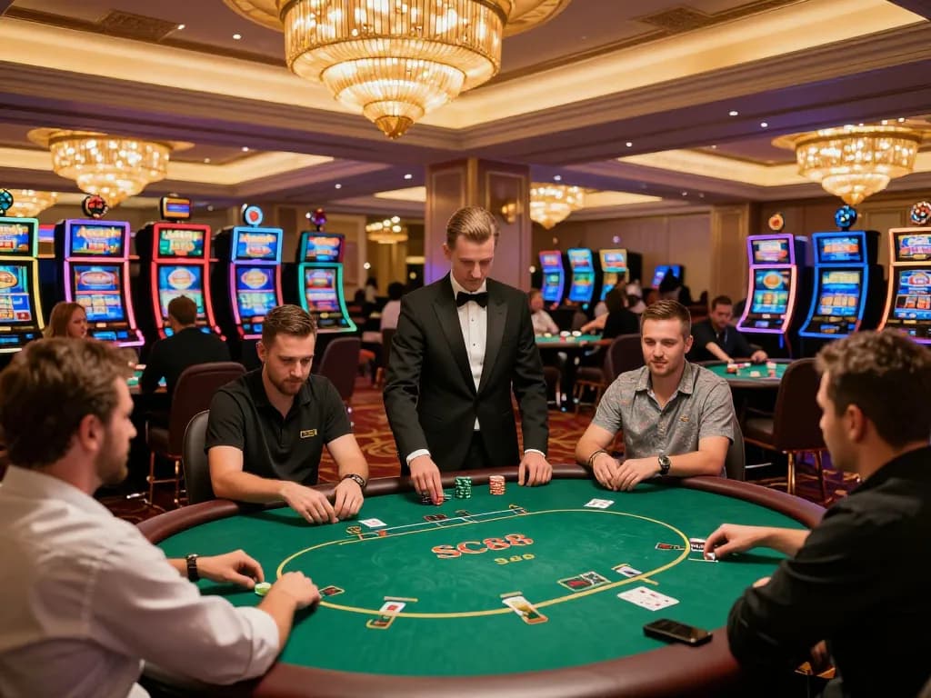 Players enjoying poker games at SC88 Casino's vibrant atmosphere, showcasing strategic gameplay and excitement