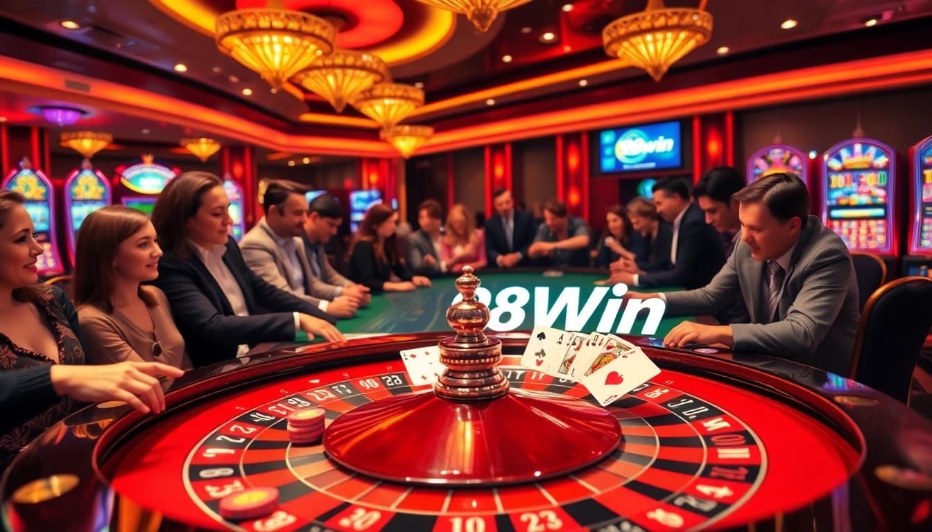 Players enjoy thrilling roulette at 98Win, surrounded by vibrant casino action and excitement.
