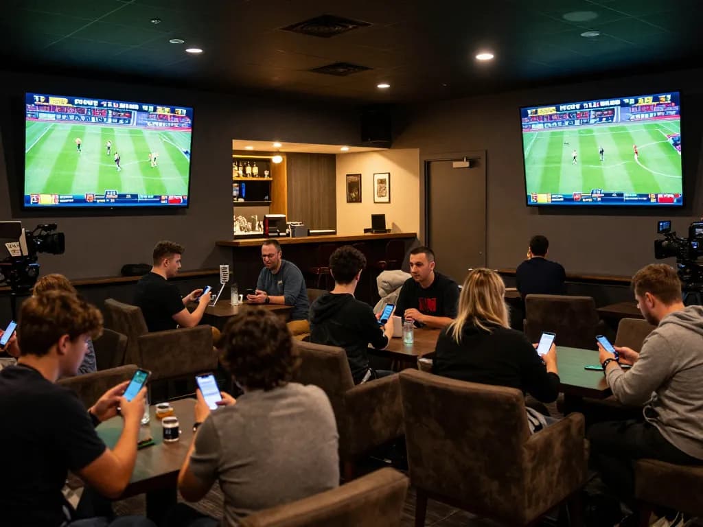 Engaged bettors using LGOGOAL for sports betting analysis in a vibrant lounge environment