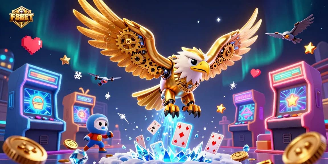 Experience the thrilling dive of F8BET's golden eagle amidst vibrant casino elements
