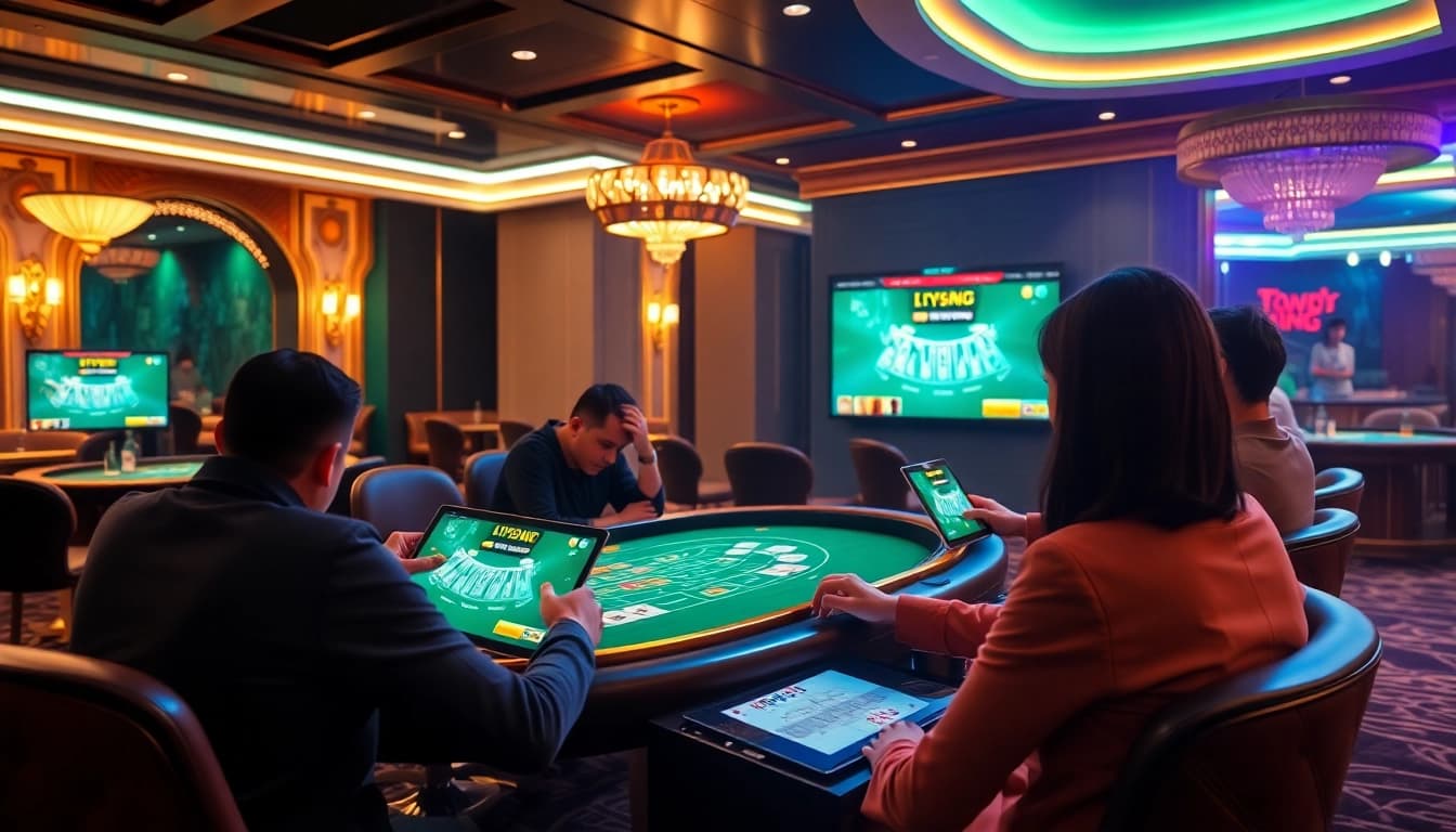 Exciting scene depicting players engaged in game bài đổi thưởng online, highlighting card games, vibrant casino atmosphere.