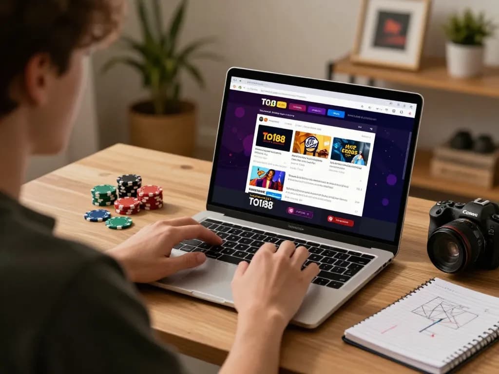 Engaging online gaming experience at home with TO188, showcasing vibrant casino game action on a laptop.