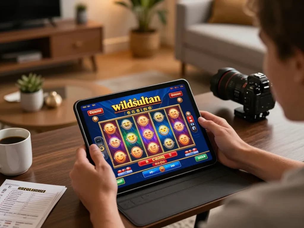 wildsultan player engaging with online slots on tablet in cozy home setup