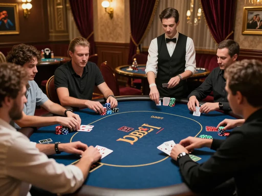 DABET elevates the poker experience with professional players engaged in strategic gameplay at an upscale casino table.