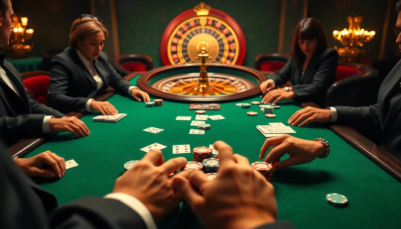 High-stakes poker at nhà cái 79king casino with players, chips, and cards in focus