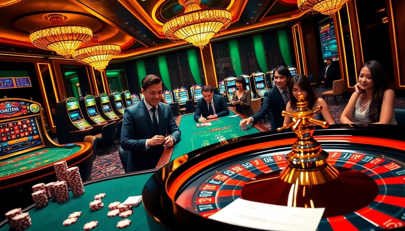 Players at a vibrant casino engaging in high-stakes games, emphasizing bet88.law excitement and luxury.