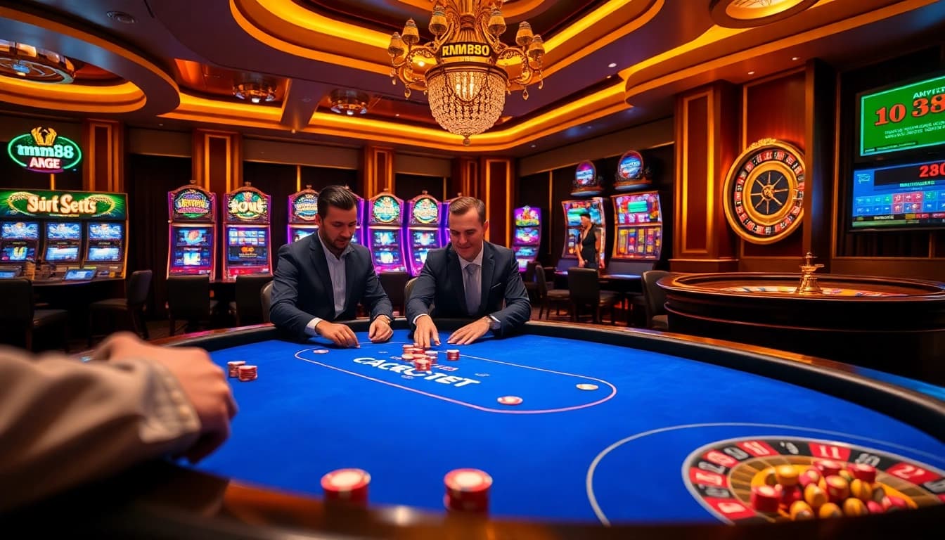 Engage in live poker action at mm88 with vibrant chips and luxurious casino atmosphere.