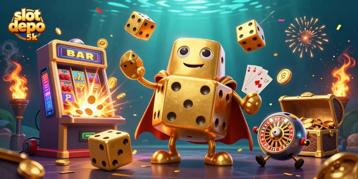 Engage with thrilling slot depo 5k spins as golden dice and slot machines light up the casino scene.