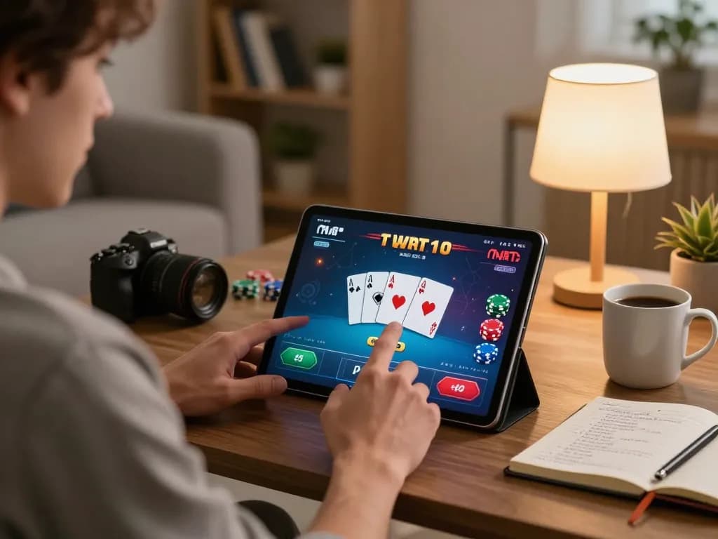 Player enjoying an iwin poker session on a tablet in a cozy home environment, featuring warm lighting and strategy notes.