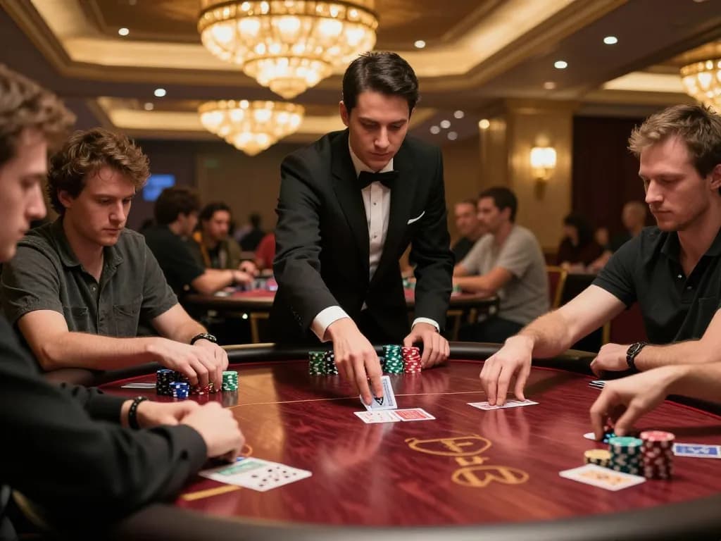 Pemain MPO1221 terlibat dalam permainan poker mendebarkan dikelilingi oleh kegembiraan kasino yang penuh warna.