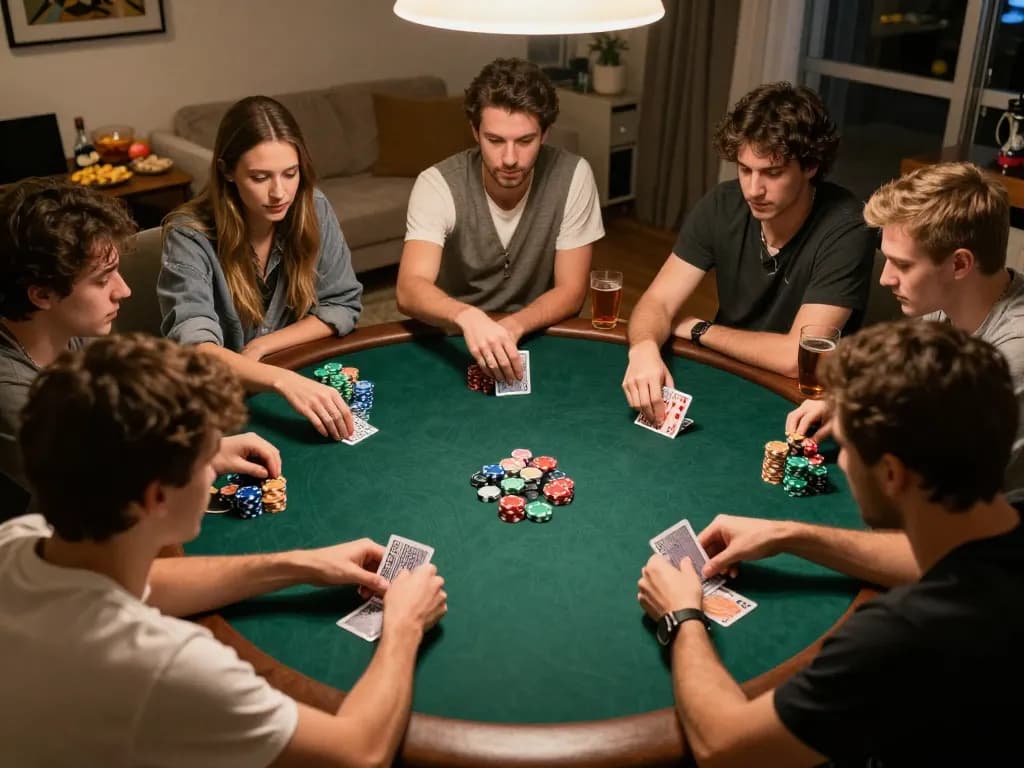 Friends analyzing their strategy in poker during an engaging game at home, highlighting kèo nhà cái elements.