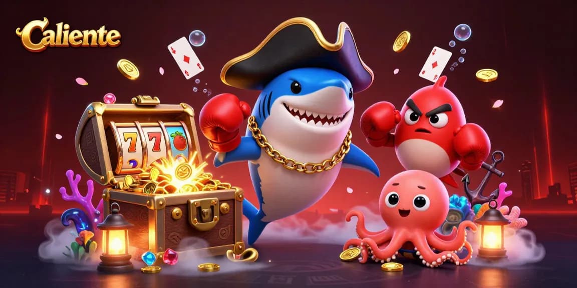 Caliente pirates celebrate casino wins with gold coins and vibrant slot reels in a colorful scene.