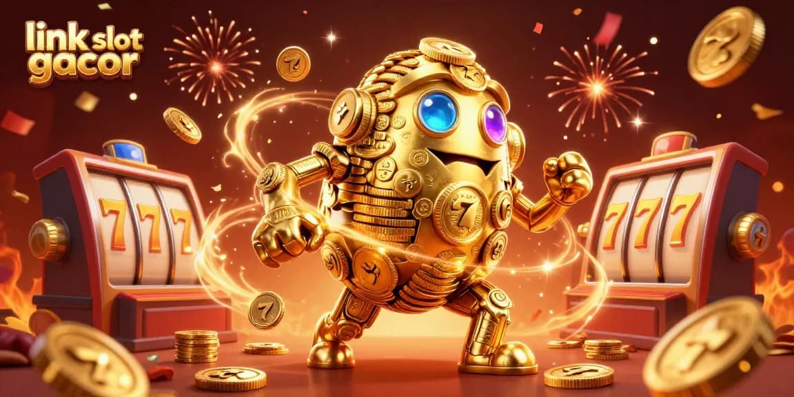 Experience the thrill of gaming with link slot gacor featuring a golden golem and slot machine elements.