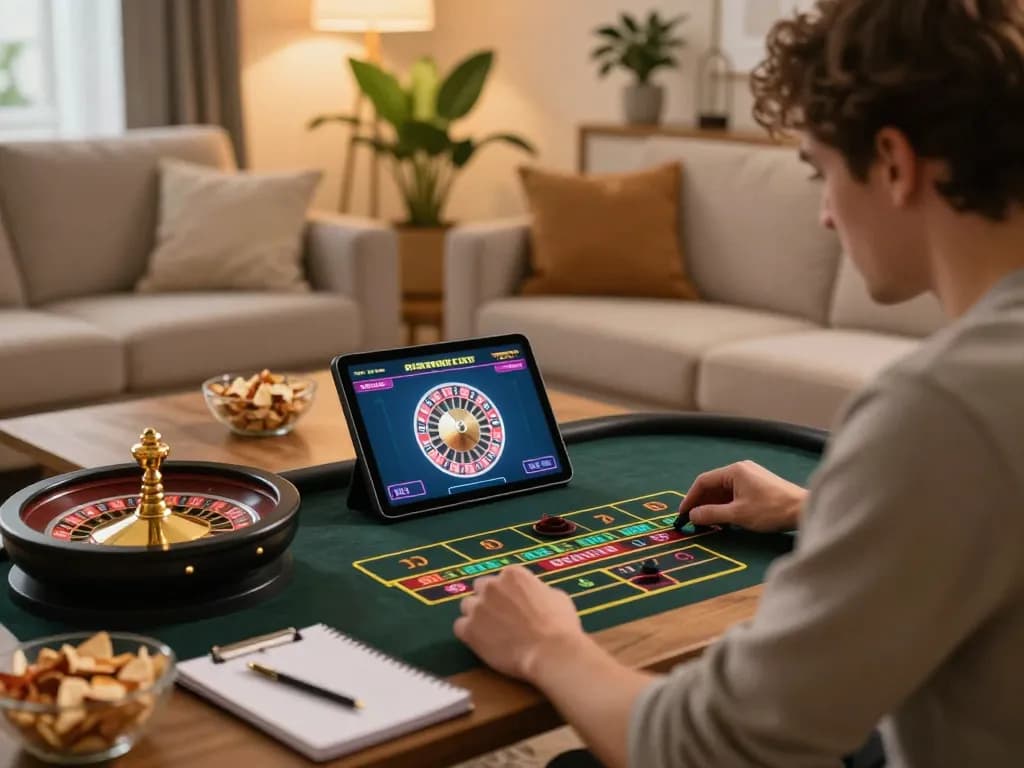 Engaging player experiencing a live dealer roulette game on vipwin tablet in a cozy setting