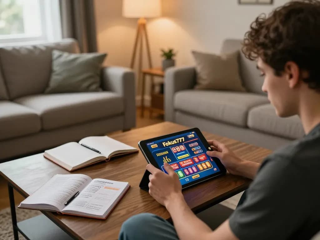 Engaging in Fokus777 online casino gameplay from home with vibrant graphics on tablet.