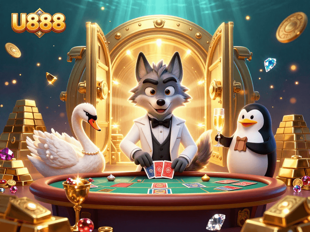 Win with U888 at a lavish casino scene featuring characters celebrating riches and games.