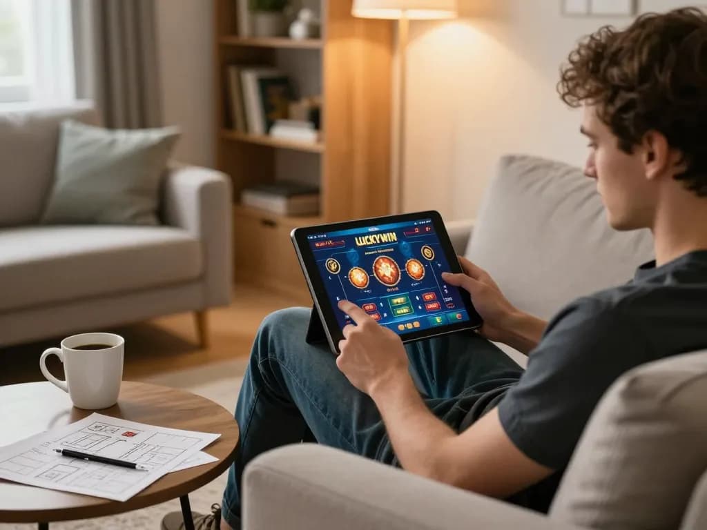LUCKYWIN online casino gaming scene with a player engaged in a strategic gameplay at home