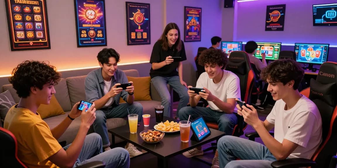 Group playing earning games in a vibrant lounge, celebrating wins.