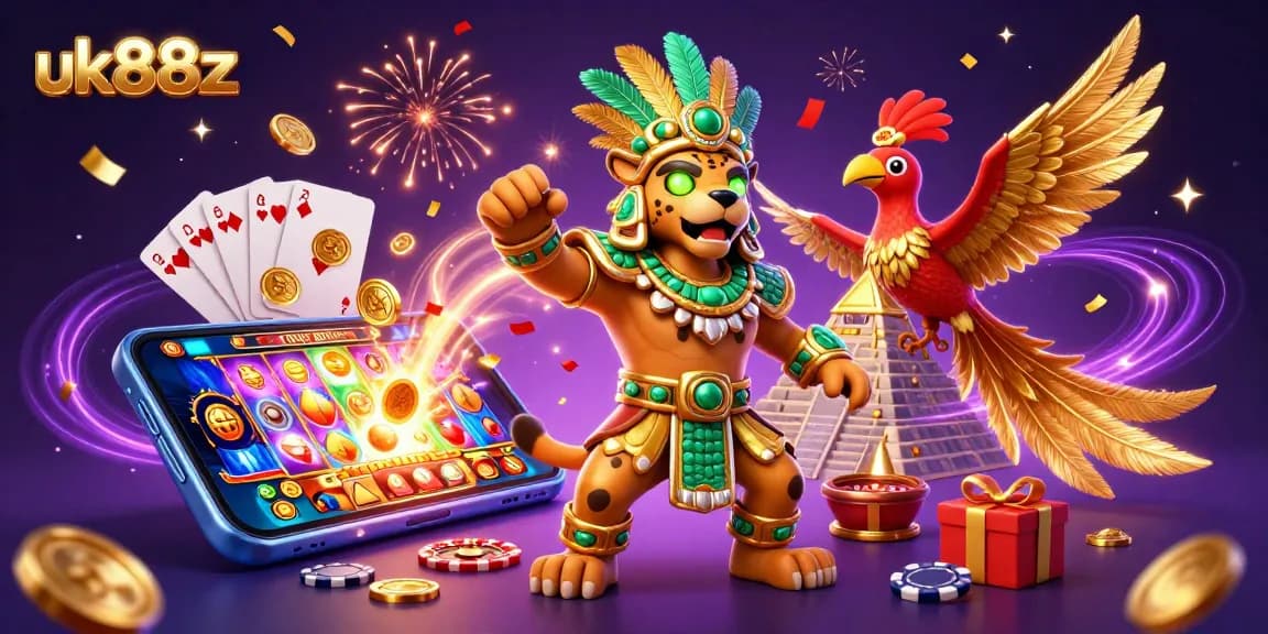uk88z slots excitement with Mayan priest and colorful game elements in a vibrant scene