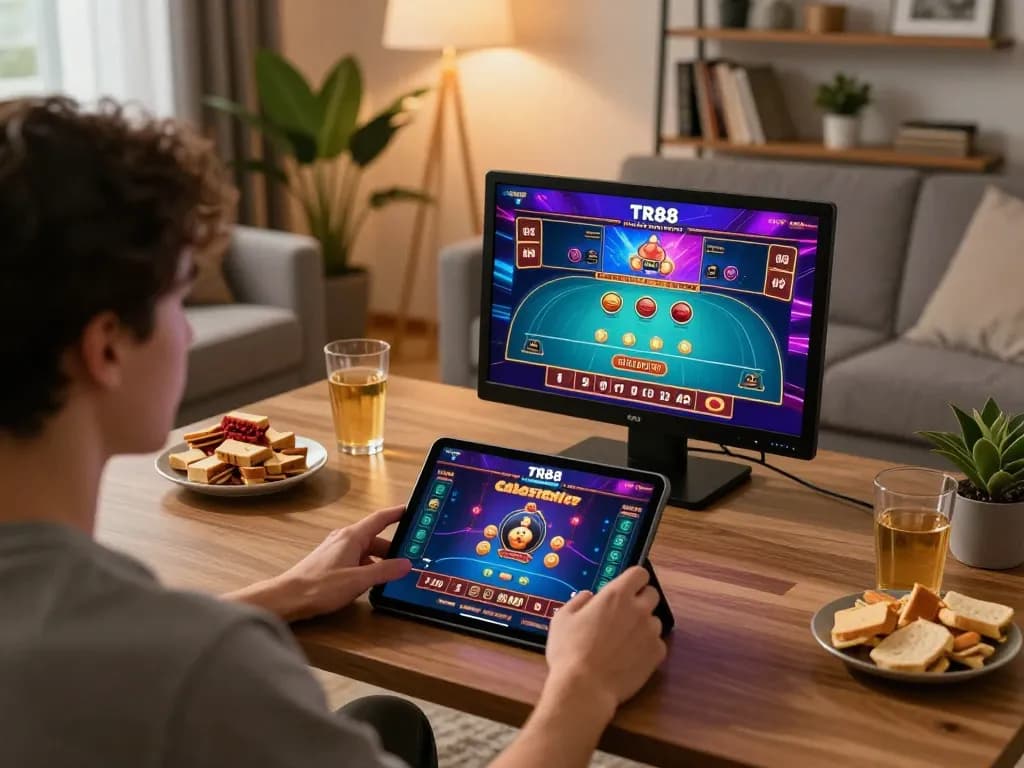 Engaging with the TR88 com casino app on a tablet, highlighting exciting online gameplay.