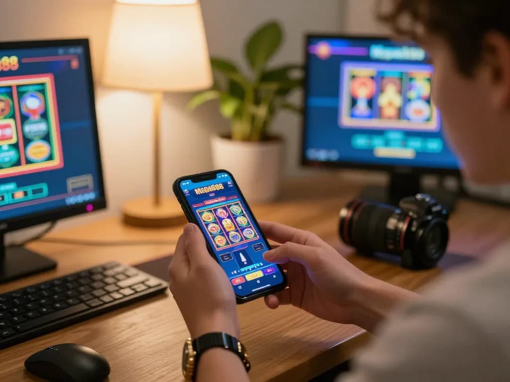 Mega888 app displayed on mobile device showcasing vibrant slot game graphics in relaxed home gaming setup