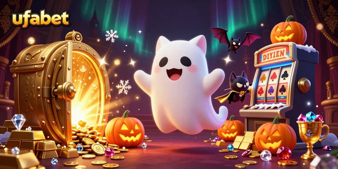 Engage with ufabet in a vibrant haunted casino, featuring a ghost cat and captivating treasures!