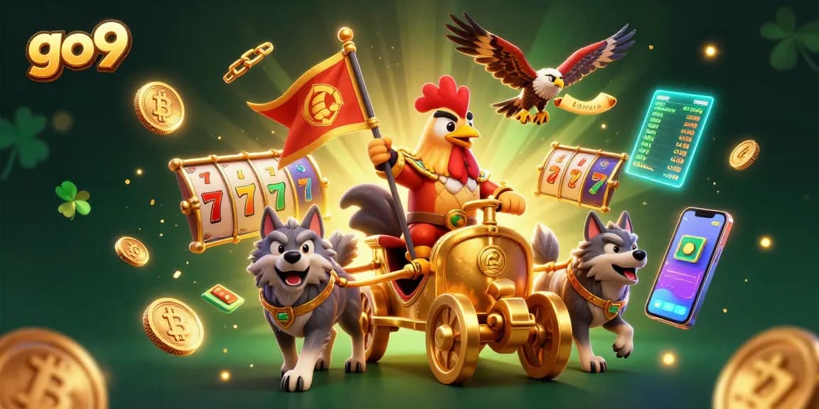 Engage in the world of go9's slot games featuring a rooster warlord and golden chariot, surrounded by glowing currencies.