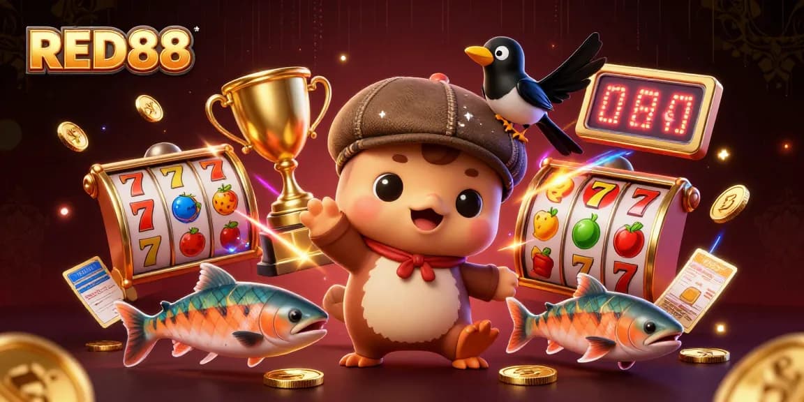 Play and win with RED88's vibrant 3D casino-themed illustration featuring exciting game elements.