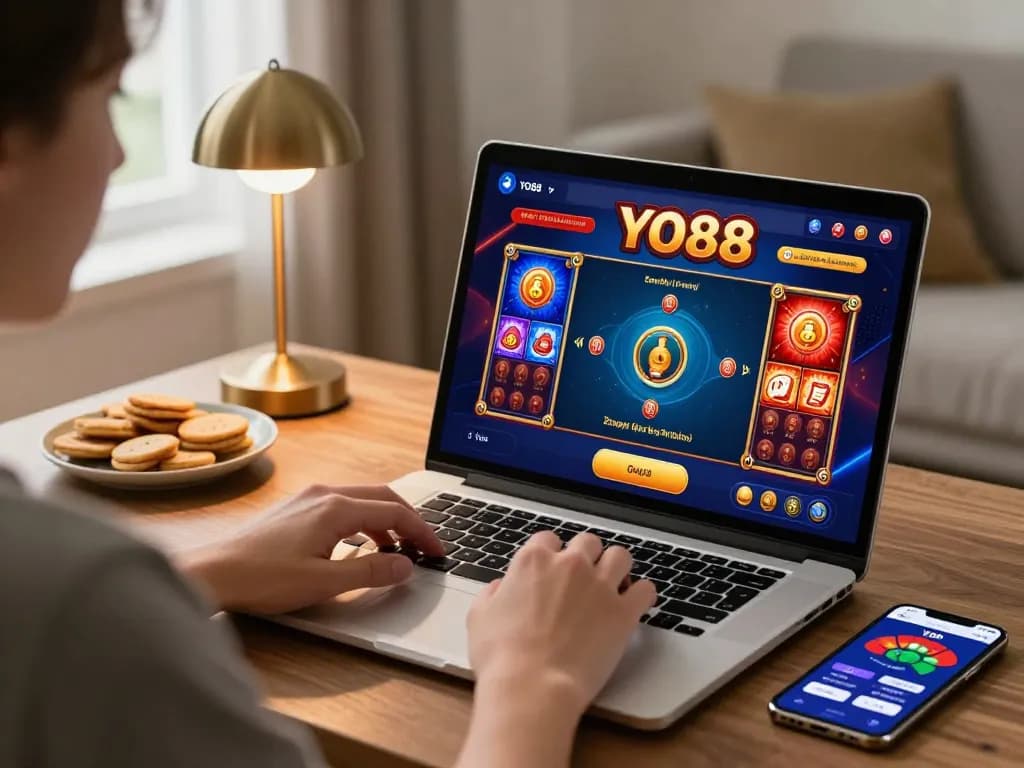 Engaging online gambling setup featuring YO88 game interface on laptop amidst a cozy home atmosphere.