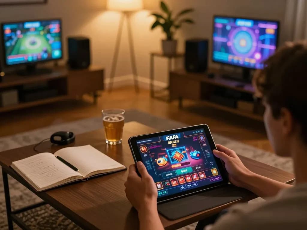 Playing FAFA 828 online casino on a tablet in a cozy home setting with gaming strategies visible