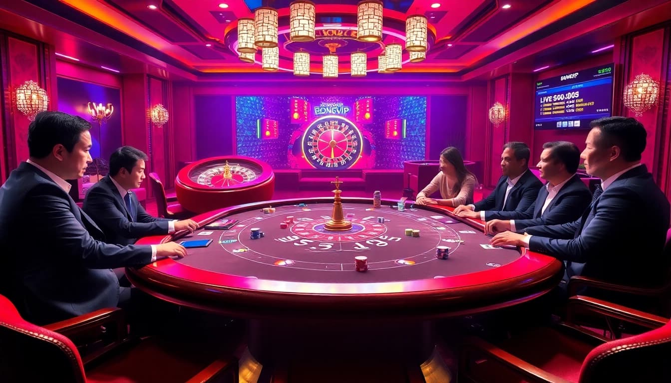 Bongvip players enjoying a thrilling poker game in a luxurious casino setting.