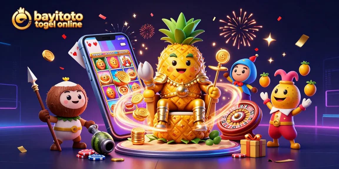 Experience the excitement of bayitoto togel online with colorful slot games amidst vibrant 3D characters and dynamic casino elements.