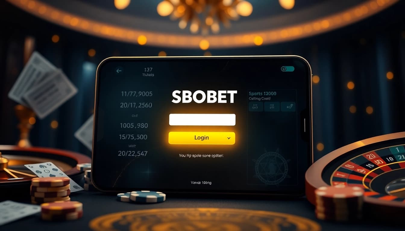 Sbobet login indonesia interface with dynamic betting odds and poker chips showcasing online gambling excitement.