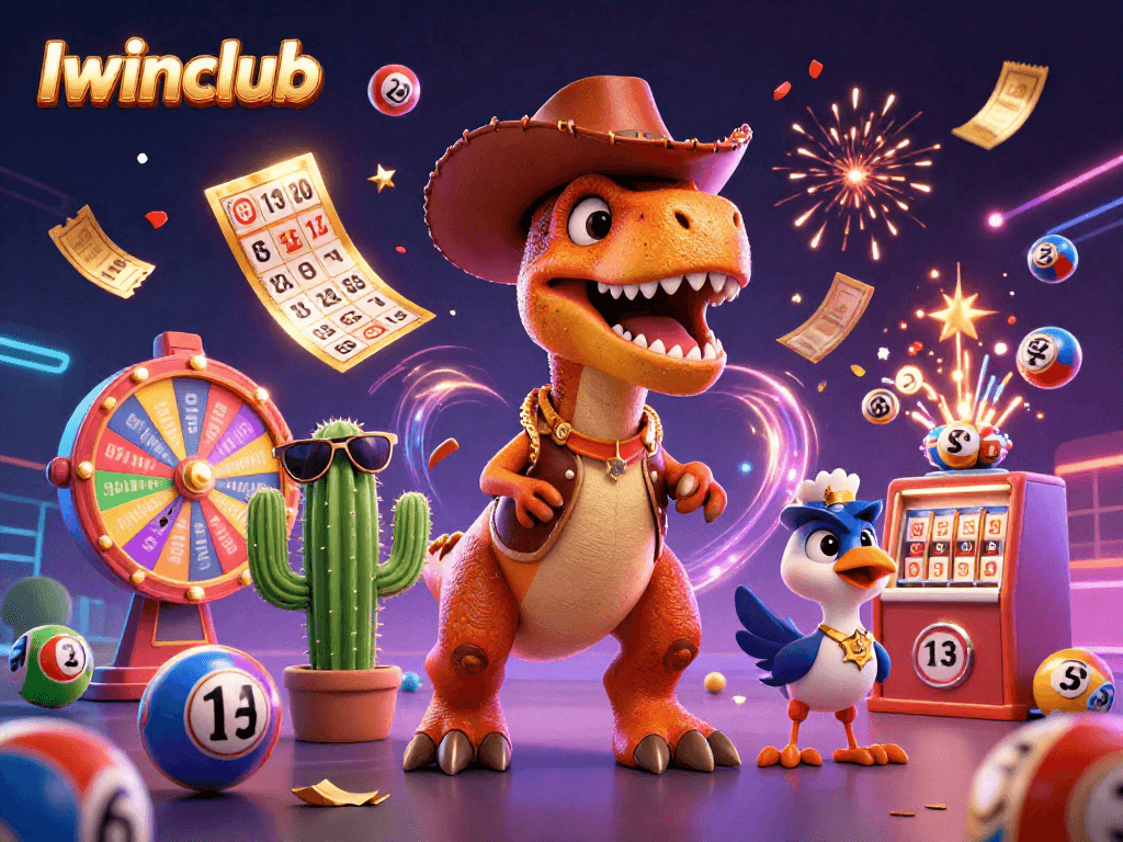 Iwinclub's vibrant scene showcases a T-Rex cowboy, celebrated lottery themes, and dynamic gaming elements.