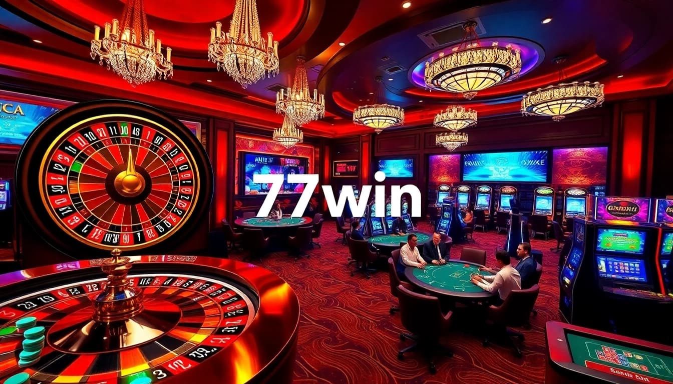 Players enjoying a thrilling game at 77win casino, showcasing vibrant casino elements.