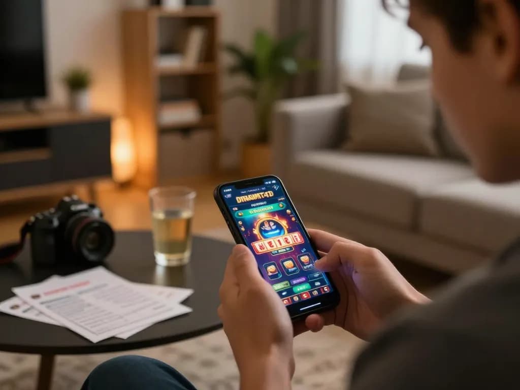 Playing dinamit4d on mobile, showcasing an engaging online casino experience in a cozy home setting