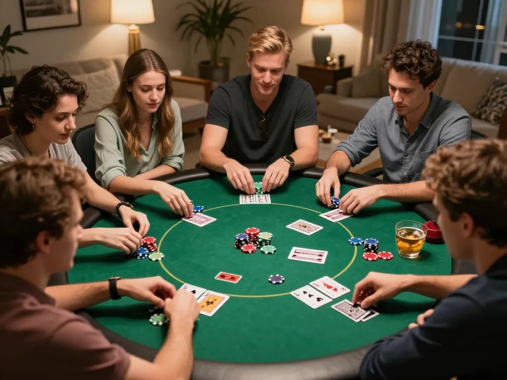 Players enjoy a thrilling poker night at home focusing on strategic gameplay with NEGO77 cards and chips.