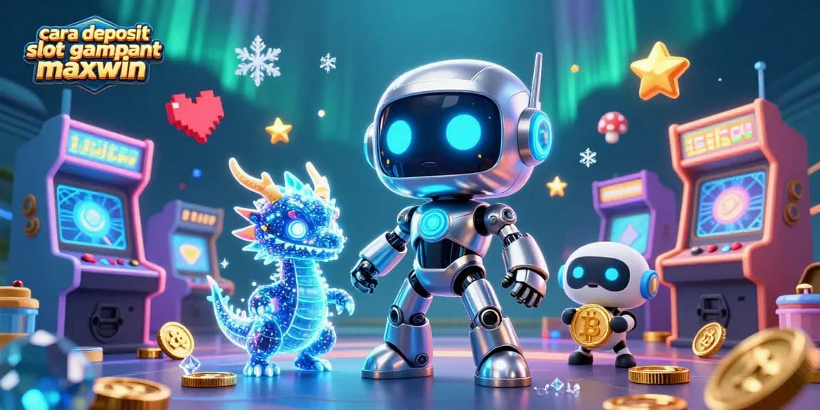 Engaging illustration of cara deposit slot gampang maxwin showcasing vibrant gaming elements with a futuristic robot and holographic companions.