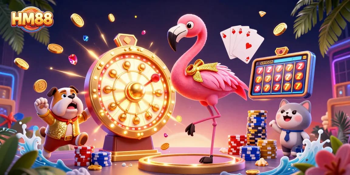 Experience thrilling casino action with HM88 and dynamic game show energy in this vibrant illustration.