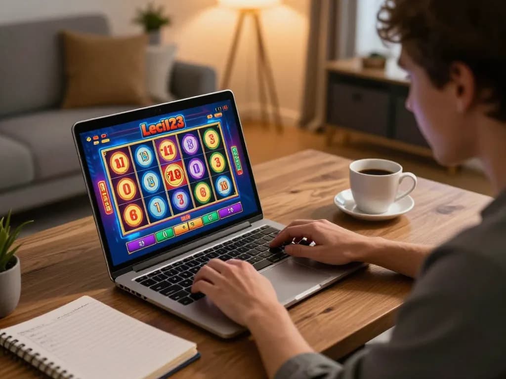 Engaged player enjoying an online gaming session on the Leci123 site with colorful slot graphics on screen